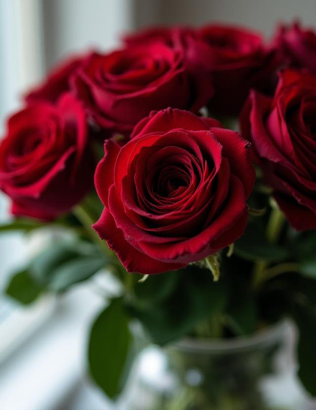 Un mazzo di rose rosse intense in un vaso di vetro