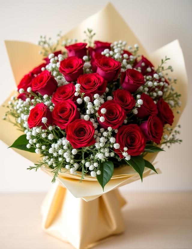 Bouquet Romantico con rose rosse e gypsophila